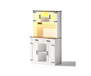YeMaster Meuble de bar, rangement de cuisine avec éclairage LED et prises, table de bar à café, étagères réglables, blanc