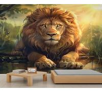 YEMYOR Dessin animé Animation Lion Murales Golden Lion Wall Painting Stickers by The Water Sun Forest Wildlife Wallpaper 3D Murals for Room Decoration-300 x 210 cm