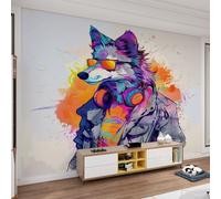 YEMYOR Papier peint abstrait loup 3D, peinture murale loup portant des lunettes de soleil, animaux sauvages insolites, décorations murales en soie, autocollants de peinture murale, pour salon, chambre