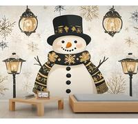 YEMYOR Papier peint bonhomme de neige de Noël dessin animé drôle bonhomme de neige mural de style rétro lampadaire canapé fond mural hiver thème Noël pour salon chambre à coucher - 390 x 260 cm