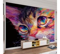 YEMYOR Papier peint chat peint coloré, peinture à l'huile de style dessin animé, peintures murales 3D avec portraits d'animaux colorés, décorations murales en soie, pour salon, chambre à coucher, 250
