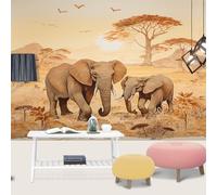 YEMYOR Papier peint éléphant arbre coucher de soleil, prairie colline oiseau muraux, dessin animé éléphant mère et petit éléphant, peinture murale autocollants, pour salon, chambre à coucher, 250 x