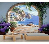 YEMYOR Papier peint mural paysage méditerranéen village côtier Italie ville salon papier peint romantique porte arche avec feuilles vertes vigne papier peint convivial pour les locataires - 200 x 140