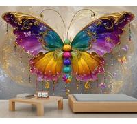 YEMYOR Papier peint papillon romantique coloré Papillons muraux 3D Floral Pompon Papillons Muraux Murales Élégance Européenne Canapé Fond TV Papier peint pour salon chambre à coucher - 390 x 260 cm