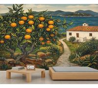 YEMYOR Pays méditerranéen Murals Cottage côtier Fond d'écran Orange Tree Salon Mural Wallpapers Paysage de la ville méditerranéenne Mural Client Friendly Wallpaper-390x260cm