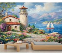 YEMYOR Posters de phare côtier italien Fond d'écran Cottage de bord de mer Salon Mural Wallpapers Retro Village européen Mural Loyer Amiable Fond d'écran-500x300cm