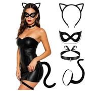 YenMzx Catwoman Costume d'Halloween 4 pièces avec masque de chat noir à paillettes, bandeau oreilles de chat en peluche, queue de chat, collier cloche, accessoires de cosplay d'anime pour adulte