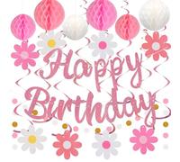 YEOCU Décorations d'anniversaire, pas de bricolage, bannière « Happy Birthday » pré-enfilée avec boules en nid d'abeille, tourbillons à suspendre, guirlande à pois et cercles, décorations de fête
