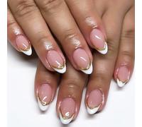 Yeomju Lot de 24 faux ongles autocollants à pointe française Longueur courte Ligne d'or Faux ongles en forme d'amande Couverture complète Ongles acryliques français blancs avec motifs Réutilisables