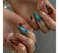 Yeomju Press On Nails Lot de 30 ongles artificiels réutilisables en forme d'amande, marron, bleu, nude, brillants, pour femmes et filles