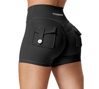 YEOREO CoreFlex Short de sport pour femme avec poches, en V, taille croisée au niveau des fesses, pour la gym, le yoga, Noir , L