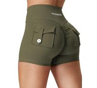 YEOREO CoreFlex Short de sport pour femme avec poches, en V, taille croisée au niveau des fesses, pour la gym, le yoga, vert olive, L