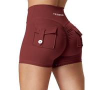 YEOREO CoreFlex Short de sport pour femme avec poches, en V, taille croisée au niveau des fesses, pour la gym, le yoga, Bordeaux profond, M