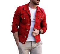 YEPREM Veste Homme Automne Couleur Unie Veste En Jean Homme Casual Revers Lumière Veste Homme Bouton Plusieurs Poches Veste Manches Longues Simplicité All-Match Homme A-Red 3XL
