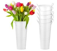 yeraa Seaux à Fleurs Blanches, 6 Pcs, Vases Métalliques Galvanisés de 9,8 "de Haut avec Revêtement Étanche - Ensemble de Récipients de Fleurs de Style Français