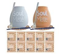 Yerba Maté Bio-organique en Double Set complet 2x Set de démarrage pour Deux Yerba Maté Soul Mate Organica 10x50g 2x Large Calebasse en céramique 350ml 2x Bombilla en acier inox Produit de Cebador