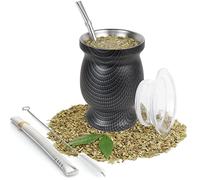 Yerba Maté en Acier Inoxydable - Double paroi isolée Mate de calebasse, Kit Bombilla Maté - avec 2 Bombillas et 1 Pinceau, Tasse Maté Ensemble pour Yerba Mate Boire (plaid noir)