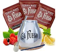 Yerba mate ensemble d'échantillons avec accessoires | Yerba mate El Fuego | Calebasse, yerba mate bombilla | 3x50g | Yerba mate du Paraguay | Caféine naturelle