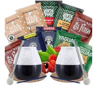 Yerba mate ensemble d'échantillons avec accessoires | Yerba mate Yaguar, Verde Mate, Soul Mate, Guarani, El Fuego | 2x calebasse, 2x yerba mate bombilla | 10x50g | Caféine naturelle | 500g | 0,5kg