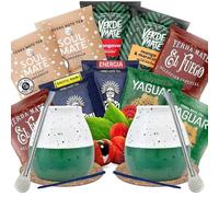 Yerba mate ensemble d'échantillons avec accessoires | Yerba mate Yaguar, Verde Mate, Soul Mate, Guarani, El Fuego | 2x calebasse, 2x yerba mate bombilla | 10x50g | Caféine naturelle | 500g | 0,5kg