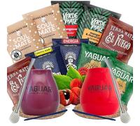 Yerba mate ensemble d'échantillons avec accessoires | Yerba mate Yaguar, Verde Mate, Soul Mate, Guarani, El Fuego | 2x calebasse, 2x yerba mate bombilla | 10x50g | Caféine naturelle | 500g | 0,5kg