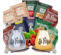 Yerba mate ensemble d'échantillons avec accessoires | Yerba mate Yaguar, Verde Mate, Soul Mate, Guarani, El Fuego | 2x calebasse, 2x yerba mate bombilla | 10x50g | Caféine naturelle | 500g | 0,5kg