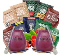 Yerba mate ensemble d'échantillons avec accessoires | Yerba mate Yaguar, Verde Mate, Soul Mate, Guarani, El Fuego | 2x calebasse, 2x yerba mate bombilla | 10x50g | Caféine naturelle | 500g | 0,5kg