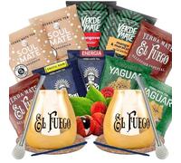 Yerba mate ensemble d'échantillons avec accessoires | Yerba mate Yaguar, Verde Mate, Soul Mate, Guarani, El Fuego | 2x calebasse, 2x yerba mate bombilla | 10x50g | Caféine naturelle | 500g | 0,5kg