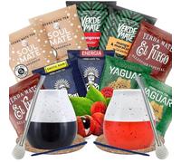 Yerba mate ensemble d'échantillons avec accessoires | Yerba mate Yaguar, Verde Mate, Soul Mate, Guarani, El Fuego | 2x calebasse, 2x yerba mate bombilla | 10x50g | Caféine naturelle | 500g | 0,5kg