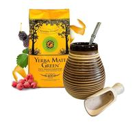 Yerba Mate Green Frutas Starter Set - Boisson énergétique naturelle et puissante - Vert maté - Kit débutant - Booster de fruits énergétiques - 500 g - Tasse en céramique YerBee de 300 ml - Bombilla - Pelle en bois