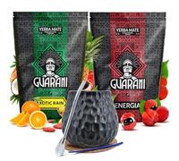 yerba maté set avec accessoires | Guarani Energia con Guarana et Exotic Rain | Yerba maté stimulant et fruité | Calebasse, bombilla et accessoires | Caféine naturelle | Maté du Paraguay | 2x500g | 1kg