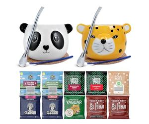 Yerba maté set pour deux avec accessoires 10x50g - Yaguar, Verde Mate, Soul Mate, Guarani, El Fuego, Rio Parana, Calebasse, bombilla et accessoires, Caféine naturelle