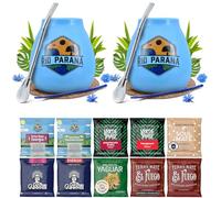 Yerba maté set pour deux avec accessoires | Yerba maté Yaguar, Verde Mate, Soul Mate, Guarani, El Fuego, Rio Parana | Calebasse, bombilla et accessoires | 10x50g | Caféine naturelle | 500g | 0,5kg