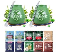Yerba maté set pour deux avec accessoires | Yerba maté Yaguar, Verde Mate, Soul Mate, Guarani, El Fuego, Rio Parana | Calebasse, bombilla et accessoires | 10x50g | Caféine naturelle | 500g | 0,5kg