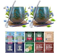 Yerba maté set pour deux avec accessoires | Yerba maté Yaguar, Verde Mate, Soul Mate, Guarani, El Fuego, Rio Parana | Calebasse, bombilla et accessoires | 10x50g | Caféine naturelle | 500g | 0,5kg