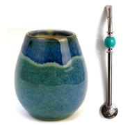 Yerba Maté Set | Tasse à thé mate en céramique faite à la main ~ 300 ml | Unique matero | Passe au lave-vaisselle | Paille en acier inoxydable Bombilla Bola noire pour maté 21 cm | Set pour yerba maté