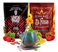Yerba maté set Verde Mate et El Fuego Energia avec accessoires | Yerba maté énergisant avec guarana | Calebasse, bombilla et accessoires | Yerba maté original | Caféine naturelle | 2x500g | 1kg