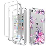 Yerebel Coque pour iPod Touch 6/Touch 5/Touch 7 avec protection d'écran en verre trempé, motif floral, résistant aux chocs, coque de protection intégrale pour iPod Touch 7 (rose)