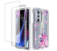 Yerebel Coque pour Moto Edge+ 2022/Edge 30 Pro/Edge X30 XT2201-1 avec protection d'écran en verre trempé, motif floral, coque de protection intégrale antichoc pour Motorola Moto Edge Plus 2022 (rose)
