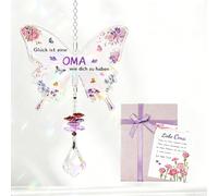 Yeria Cadeau pour grand-mère - Papillon attrape-soleil en cristal avec inscription « Glück ist eine Oma wie Dich zu haben » - Décoration de fenêtre violette avec boîte cadeau et carte - Cadeau