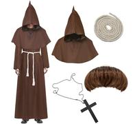 Yeria Costume de moine médiéval pour homme - Avec capuche - Perruque de moine - Chapeau marron foncé - Ceinture - Corde de chanvre - Chaîne croisée - Halloween, carnaval, taille XL (175-185 cm