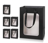Yerpkefey Lot de 6 sacs cadeaux en papier kraft avec fenêtre transparente avec poignées - 24,9 x 18 x 13 cm - Sacs à cadeaux pour cadeaux, mariage, anniversaire, festival, fête (noir, 24,9 x 18 x 13