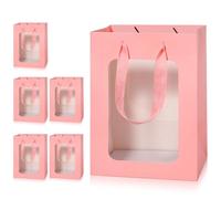 Yerpkefey Lot de 6 sacs cadeaux en papier kraft avec fenêtre transparente avec poignées - 24,9 x 18 x 13 cm - Sacs à cadeaux pour cadeaux, mariage, anniversaire, festival, fête (rose, 24,9 x 18 x 13