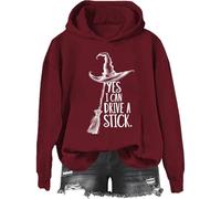 Yes I Can Drive A Stick Sweatshirt, Yes I Can Drive A Stick Witch Shirt, Halloween Graphic Print Women Men Hoodie, Bordeaux-2, S