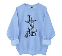 Yes I Can Drive A Stick Sweatshirt, Yes I Can Drive A Stick Witch Shirt, Halloween Graphic Print Women Men Hoodie, bleu ciel, S