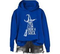 Yes I Can Drive A Stick Sweatshirt, Yes I Can Drive A Stick Witch Shirt, Halloween Graphic Print Women Men Hoodie, Klein Blue-2, S