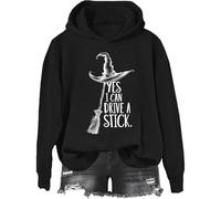 Yes I Can Drive A Stick Sweatshirt, Yes I Can Drive A Stick Witch Shirt, Halloween Graphic Print Women Men Hoodie, Noir 2, S