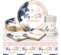 YESAH 53 Pièces Vaisselle Gender Reveal Fille ou Garçon pour 16 Invités | Décoration de Table Rose et Bleu Nuit avec Assiettes, Gobelets, Serviettes et Nappe pour Baby Shower, Buffets et Annonces