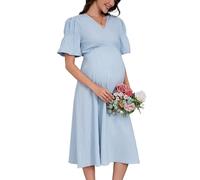YesFashion Robe de grossesse élégante pour femme - Col en V - Longue robe d'allaitement - Taille haute - Décontractée - Avec manches lanterne (emballage réutilisable), bleu clair, S