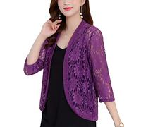 Yesgirl Boléro Femme Dentelle Cardigan Manches 3/4 Elégant Veste Ouverte Été Casual Bolero Tops Gilet Chic pour Mariage Grande Taille Violet 5XL